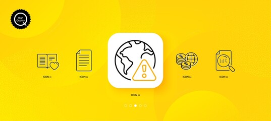 Fototapeta na wymiar File, Search file and World money minimal line icons. Yellow abstract background. Internet warning, Love book icons. For web, application, printing. Paper page, Find document, Global markets. Vector