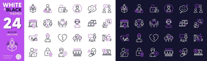 Fototapeta premium Foreman, Buying process and Outsource work line icons for website, printing. Collection of Person, Broken heart, Inspect icons. Washing hands, People voting, Dont touch web elements. Vector