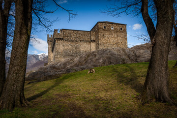 Castle in Bellinzona town in south Switzerland in spring morning