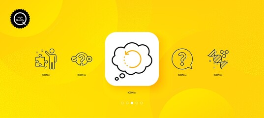 Chemistry dna, Recovery data and Question mark minimal line icons. Yellow abstract background. Quiz test, Strategy icons. For web, application, printing. Vector