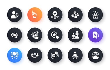 Minimal set of Hold heart, Approved checkbox and Search app flat icons for web development. Loyalty star, Video conference, Employees handshake icons. Ð¡onjunctivitis eye, Cyber attack. Vector