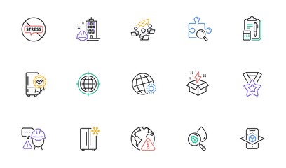 Creative idea, Winner ribbon and Internet warning line icons for website, printing. Collection of Search puzzle, World weather, Teamwork chart icons. Builder warning, Seo internet. Vector