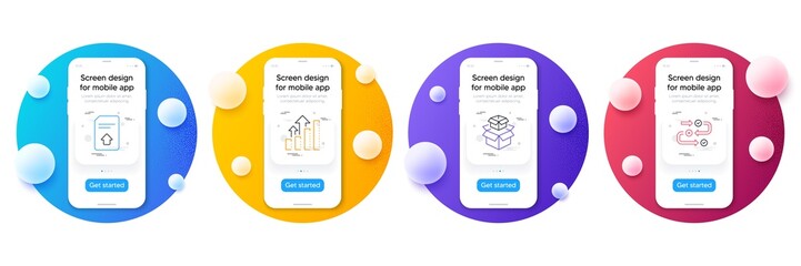 Minimal set of Packing boxes, Upload file and Analysis graph line icons for web development. Phone ui interface mockup with balls. Survey progress icons. Vector