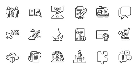Outline set of Feather signature, Fake review and Talk bubble line icons for web application. Talk, information, delivery truck outline icon. Include Puzzle, Business podium, Certificate icons. Vector