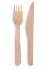 Set of wooden cutlery isolated on a white background.