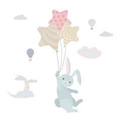 A cute rabbit is flying in balloons. Gray bunny among the clouds. Balloons and deregalia. Children's illustration, Cute print, vector. Isolated on a white background.