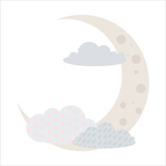 Big moon in pastel colors. Balloons and airship. Children's illustration, Cute print, vector. Isolated on a white background.