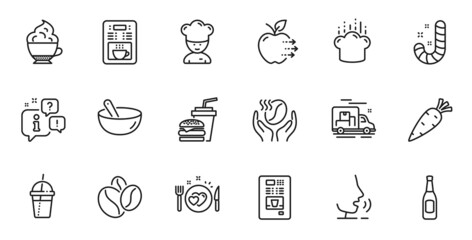 Outline set of Cooking chef, Coffee maker and Carrot line icons for web application. Talk, information, delivery truck outline icon. Include Hamburger, Coffee cocktail, Beer icons. Vector