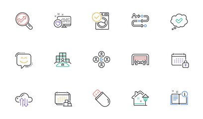 Washing machine, Calendar and Smile face line icons for website, printing. Collection of Heart, Parking garage, Delivery icons. Journey path, Street light, Usb stick web elements. Vector