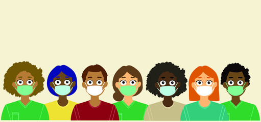 Vector horizontal. Grupo de personas diversas y trabajadores sanitarios llevando mascarilla para la prevención del coronavirus sobre fondo color crema.