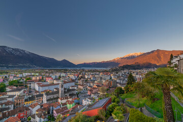 View over Maggiore lake and Locarno town in spring sunny morning