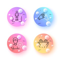 Augmented reality, Clapping hands and Add person minimal line icons. 3d spheres or balls buttons. Fair trade icons. For web, application, printing. Phone simulation, Clap, Edit user data. Vector