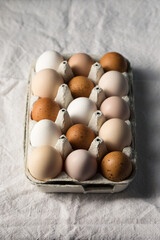Tray with farm colorful eggs photo in rustic style