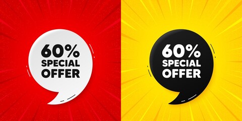 60 percent discount offer tag. Flash offer banner with quote. Sale price promo sign. Special offer symbol. Starburst beam banner. Discount speech bubble. Vector