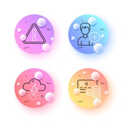 Card, Warning and Add person minimal line icons. 3d spheres or balls buttons. Thunderstorm weather icons. For web, application, printing. Bank payment, Important message, Edit user data. Vector