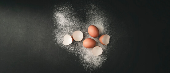 Broken chicken egg . Fresh eggs from the farmer, Natural organic healthy food concept, Top view,...