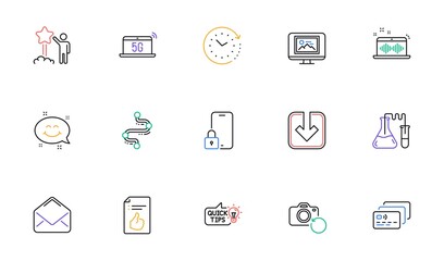 Time change, Education idea and Recovery photo line icons for website, printing. Collection of Chemistry lab, Star, Card icons. Lock, Timeline, Photo thumbnail web elements. Music making. Vector