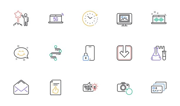 Time change, Education idea and Recovery photo line icons for website, printing. Collection of Chemistry lab, Star, Card icons. Lock, Timeline, Photo thumbnail web elements. Music making. Vector