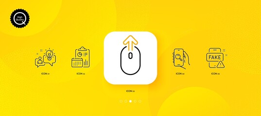 Fototapeta na wymiar Report, Idea and Search app minimal line icons. Yellow abstract background. Fake news, Swipe up icons. For web, application, printing. Accounting, Solution, Find smartphone. Wrong information. Vector