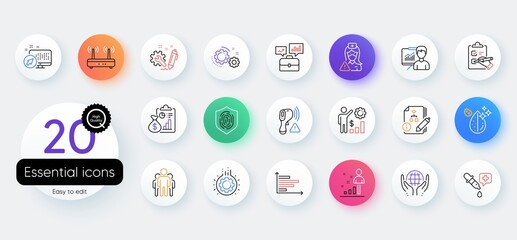 Simple set of Wifi, Business portfolio and Organic tested line icons. Include Stats, Employees wealth, Chemistry pipette icons. Gears, Horizontal chart, Algorithm web elements. Vector