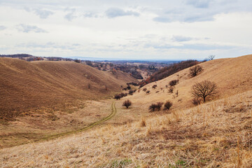 The Scenery of a Rural Area. Countryside Nature Landscape. Hills and Fields, Pasture Area, Early Spring Seasons.  Cloudy Day. Dry Grassy Vegetation. Desert-like Relief. 