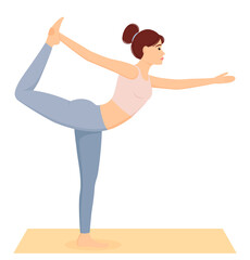 Woman standing in Natarajasana pose. Girl doing pilates, fitness and yoga exercises on mat. Healthy lifestyle. Home workout, vector illustration