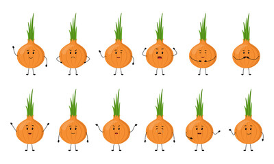Onion. Cute vegetable characters with different emotions, vector illustration