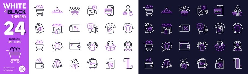 Discounts chat, Skirt and T-shirt design line icons for website, printing. Collection of Sale tag, T-shirt, Market icons. Discounts offer, Luggage, Buyers web elements. Shopping rating. Vector