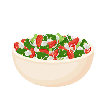 Homemade salad from fresh vegetables, salad cheese and pine nuts. Healthy food. Vegetarian meal. Vector illustration