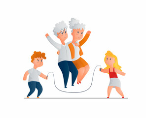 Vector isolated illustration of an elderly couple jumping rope. The concept of entertainment, recreation and sports for the elderly. It can be used in postcards, banners, web design, etc.