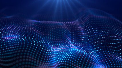 Obraz premium Futuristic glowing wave. The concept of big data. Network connection. Cybernetics. Abstract dark background of blue and purple lines with dots. 3d rendering.