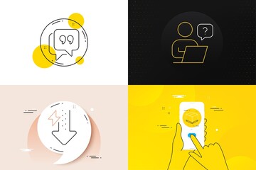 Minimal set of Quote bubble, Delivery box and Energy drops line icons. Phone screen, Quote banners. Online question icons. For web development. Chat comment, Cargo package, Power usage. Vector