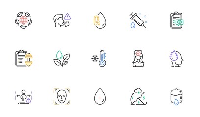 Fototapeta premium Oil serum, Plants watering and Eye checklist line icons for website, printing. Collection of Stress protection, Dumbbell, Social distance icons. Cough, Drop counter, No alcohol web elements. Vector