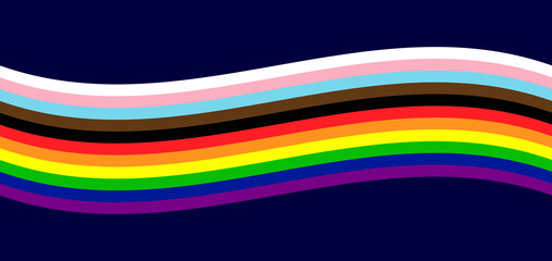 LGBTQ Pride Flag Background. Rainbow Flag Wave Isolated on Dark Blue Background Banner. Banner Design Vector for Pride Month - obrazy, fototapety, plakaty