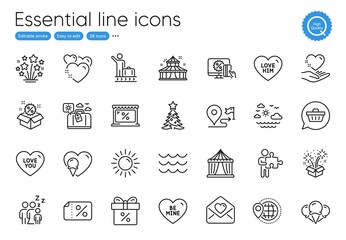 Circus tent, Journey and Puzzle line icons. Collection of Waves, Love you, Sale icons. Fireworks, Ice cream, Love letter web elements. Hold heart, Sleep, Discount offer. Online shopping. Vector