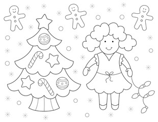 coloring page for kids with a cute little girl and a christmas tree. simple design with stars, candy canes and more shapes to color. you can print it on standard 8.5x11 inch paper