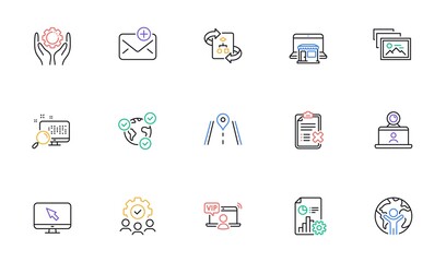 Vip access, Teamwork and Reject checklist line icons for website, printing. Collection of New mail, Photo album, Technical algorithm icons. Global business, Internet, Report web elements. Vector