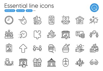 Market seller, Report and Growth chart line icons. Collection of Message, Teamwork, Love glasses icons. Puzzle, Falling star, Speakers web elements. Business podium, Teamwork business. Vector