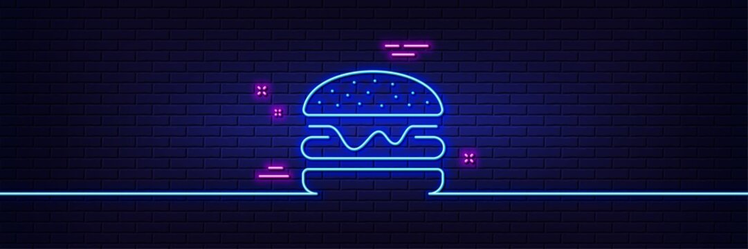 Neon light glow effect. Burger line icon. Fast food sign. Hamburger sandwich symbol. 3d line neon glow icon. Brick wall banner. Burger outline. Vector