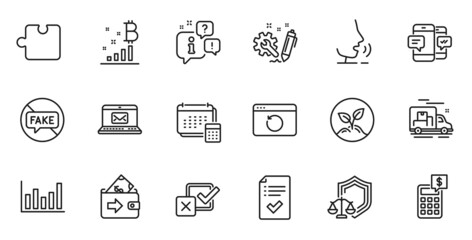 Outline set of Startup, Calculator and Fake news line icons for web application. Talk, information, delivery truck outline icon. Include Wallet, Approved checklist, Puzzle icons. Vector