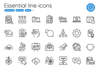 Certificate, Startup and Puzzle line icons. Collection of Brush, Messenger, New mail icons. Check article, Stress grows, Fake review web elements. Messages, Employees messenger, Quick tips. Vector