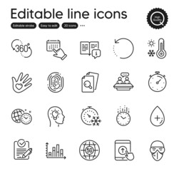 Set of Science outline icons. Contains icons as Idea head, Time management and 360 degree elements. Manual, Swipe up, 5g internet web signs. Timer, Social responsibility, Medical mask elements. Vector