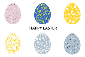 Happy Easter Vector Card. Cute Egg with drawn floral pattern inside. Easter Illustration in scandinavian style for Card, Greeting, Banner.