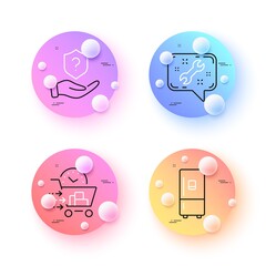 Protection shield, Spanner and Food delivery minimal line icons. 3d spheres or balls buttons. Refrigerator icons. For web, application, printing. Insurance claim, Repair service, Shopping cart. Vector