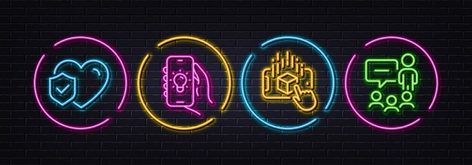 Life insurance, Electric app and Augmented reality minimal line icons. Neon laser 3d lights. People chatting icons. For web, application, printing. Vector