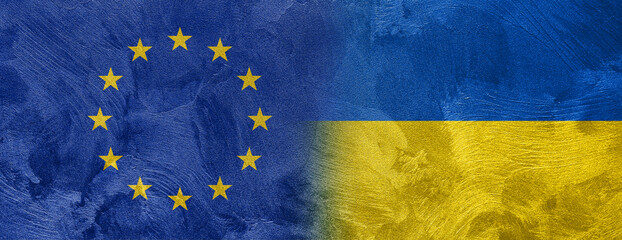 Textured photo of the flag of European Union and Ukraine. - obrazy, fototapety, plakaty