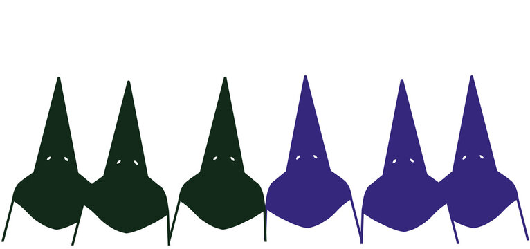 Ilustraci&oacute;n horizontal, nazarenos vestidos con capirote y t&uacute;nica morado y verde. Folclore y religi&oacute;n en Espa&ntilde;a, Semana Santa en Sevilla, Andaluc&iacute;a. Cristo del Gran Poder y Virgen Esperanza de Triana.