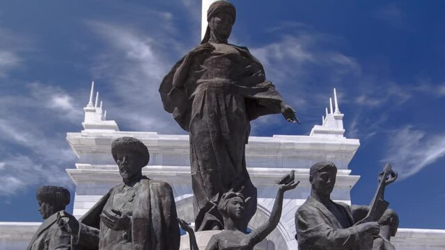 View of the Kazakh Eli Monument timelapse hyperlapse on Independence Square in Astana, the capital of Kazakhstan.
