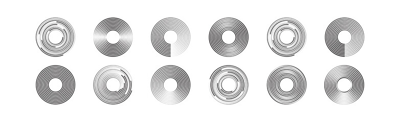 Concentric vector circle, circular line icon, radial spiral element, black random ring set isolated on white bckground. Geometric simple illustration