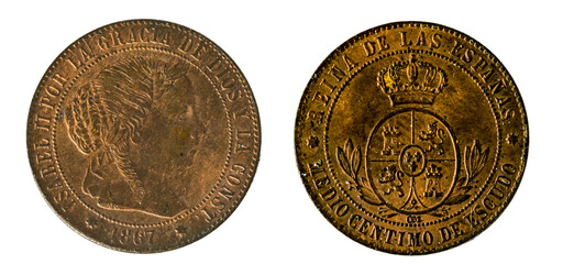 Spanish coins - Half a cent of a shield, Elizabeth II. Minted in copper in the year 1867 - obrazy, fototapety, plakaty